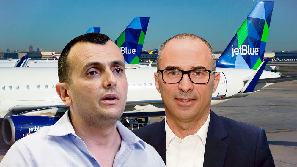 גונן אוסישקין ו שי באב"ד על רקע מטוסים של חברת התעופה JetBlue